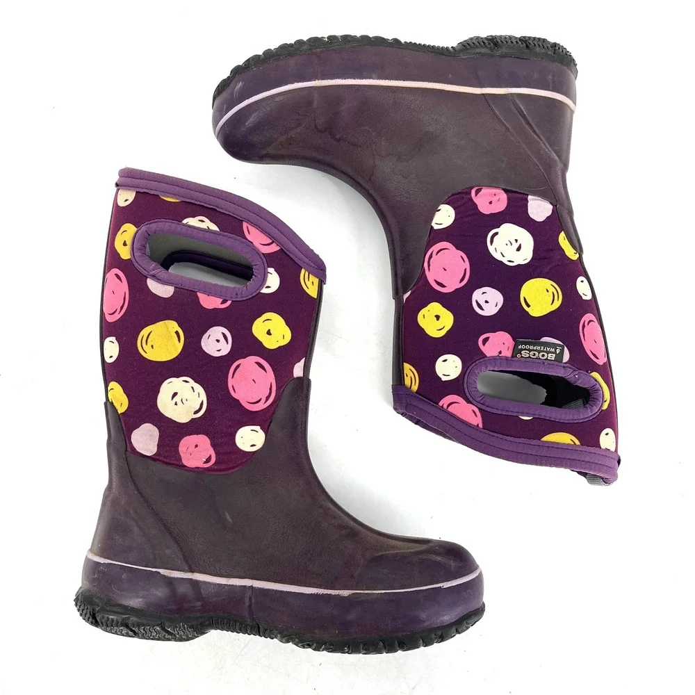 Bogs Kids Waterproof‎ Boots Purple Polka Dot Pull On Rain Boots Youth 1 EU 31